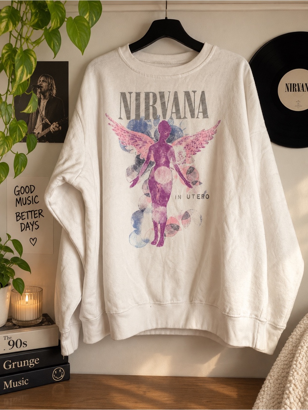 NIRVANA Off-White Crewneck with Pink & Blue Angel Graphic
